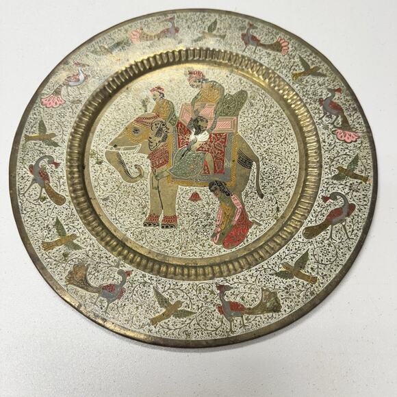 Vintage Copper Wall Decor of India's Royalty on Elephant Peacocks Birds Plate - Picture 1 of 7